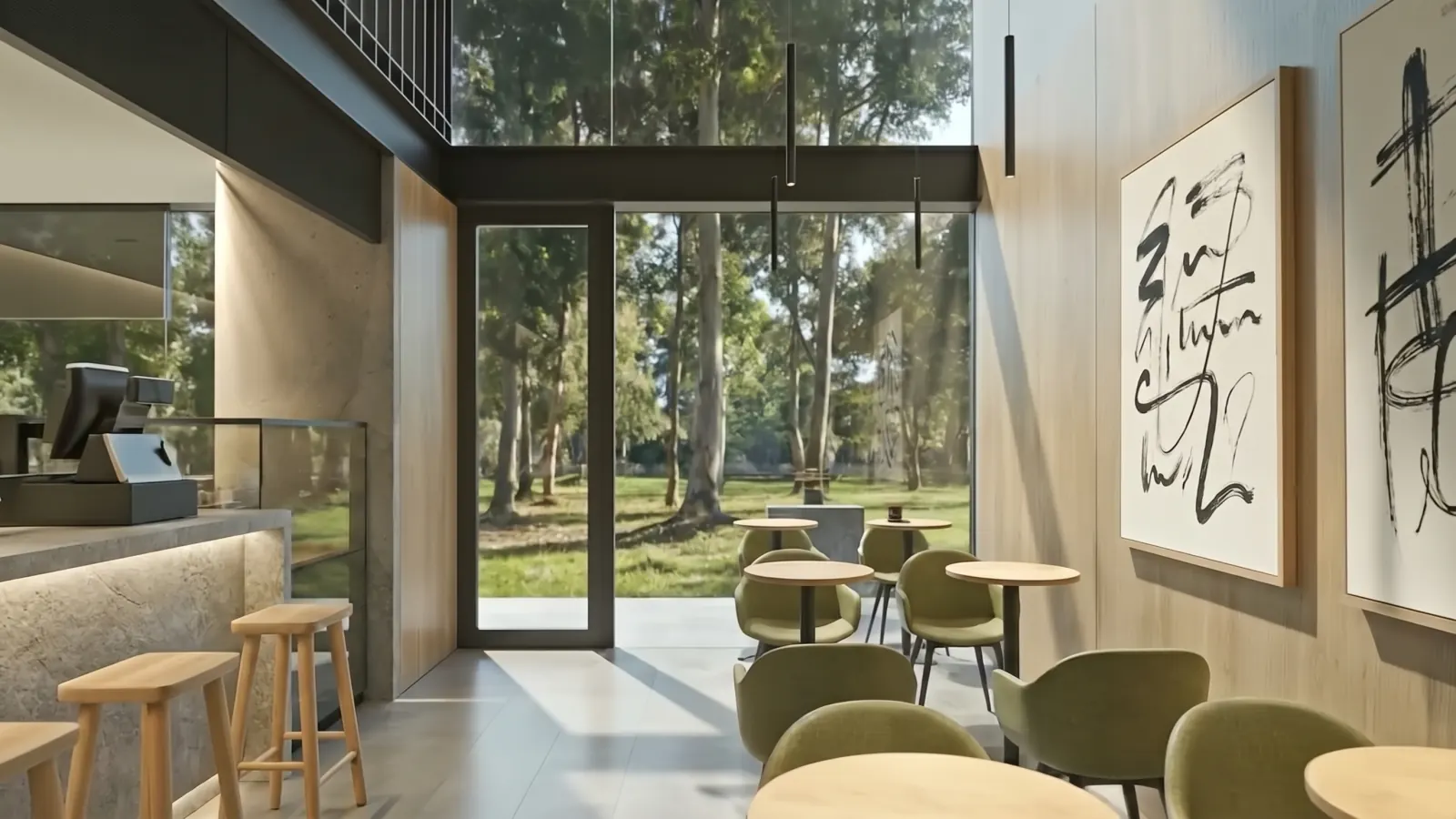 The street-level café — timber tables by full-height windows onto the park