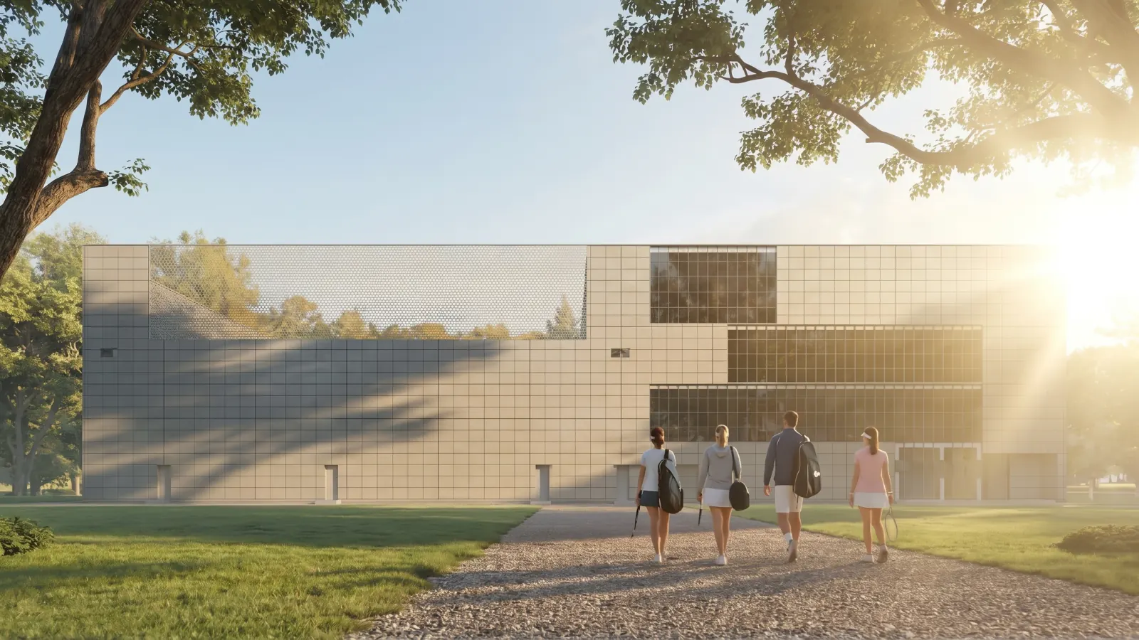 The facility's cream-tile facade at golden hour, seen across the lawn