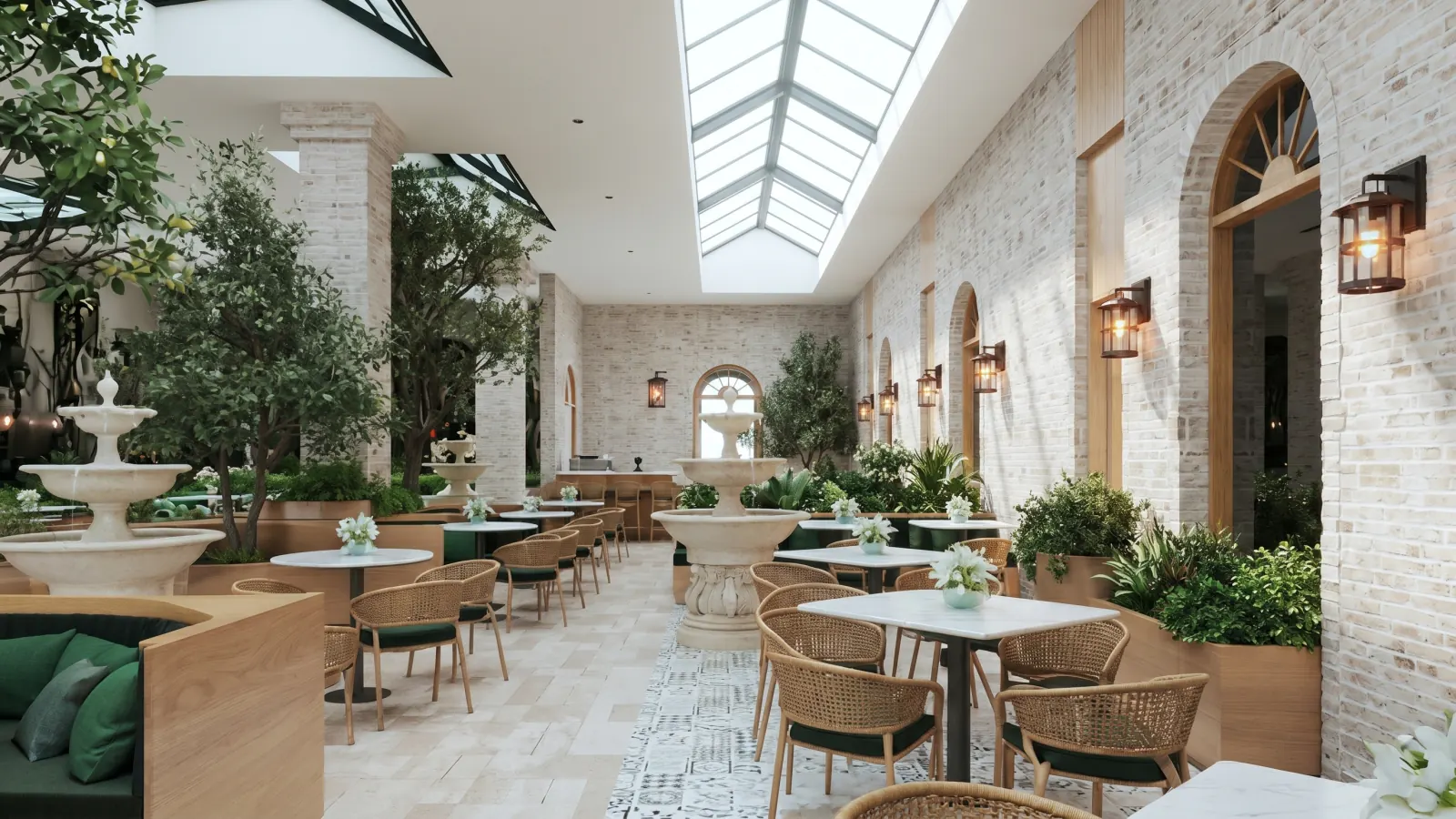 The garden atrium restaurant — fountains and olive trees beneath long skylights