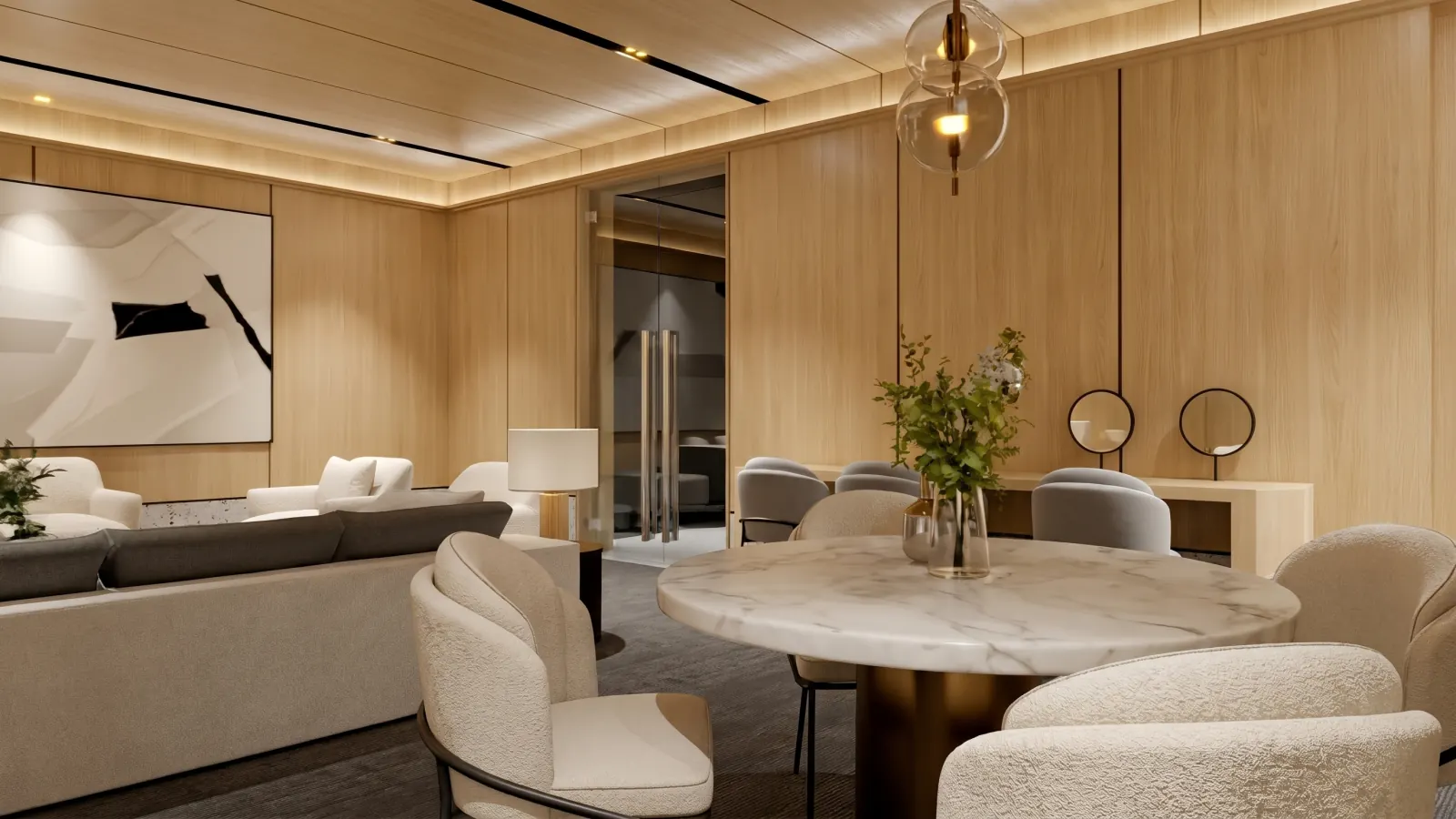 The timber lounge — soft seating under warm cove lighting